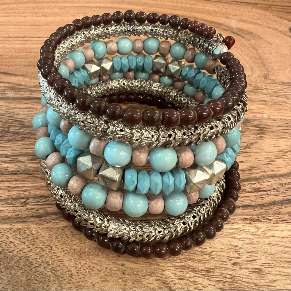 Turquoise and Silver Beaded Stacked Bracelet